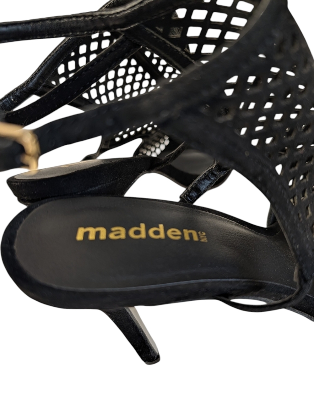 Madden Roseey Black Laser Cut Out Peep Toe Stiletto Heels Sandals Size 9 - Picture 7 of 11
